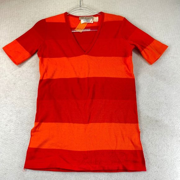 Vintage TAN GUIDICELLI Women EU40 USL Red Striped Deep V-Neck Short Sleeve Shirt - Picture 1 of 8